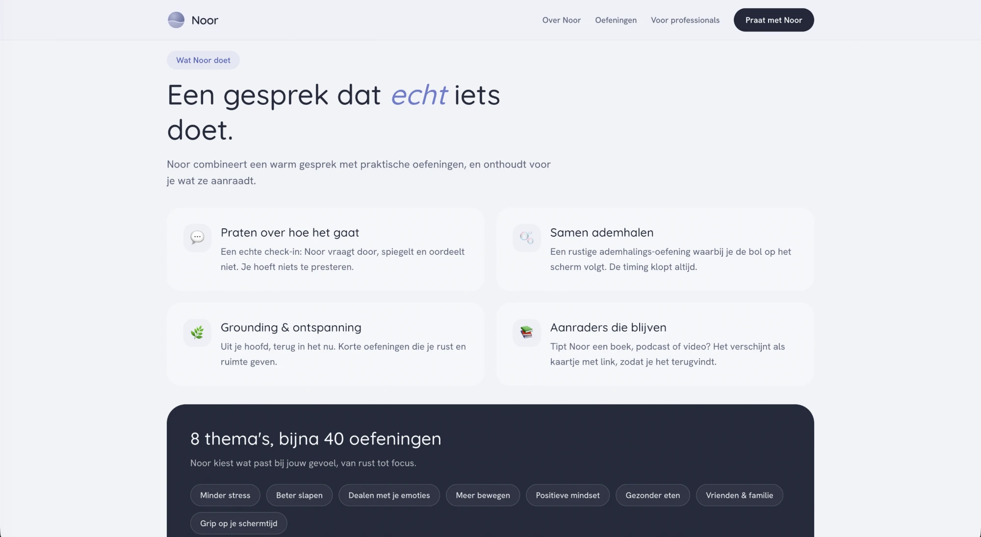 Wat Noor doet: 8 thema's, bijna 40 oefeningen, van rust tot focus